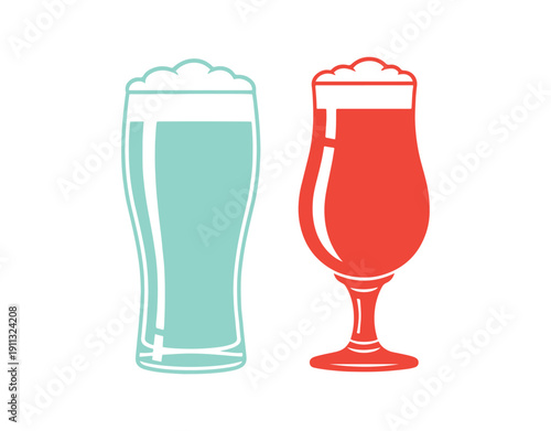 Collection of stout beer icons, isolated against a white backdrop. Enjoyed in a tall pint glass and a tulip glass, featuring a stencil design. Vector clipart, a simple logo or minimalist sign for bars