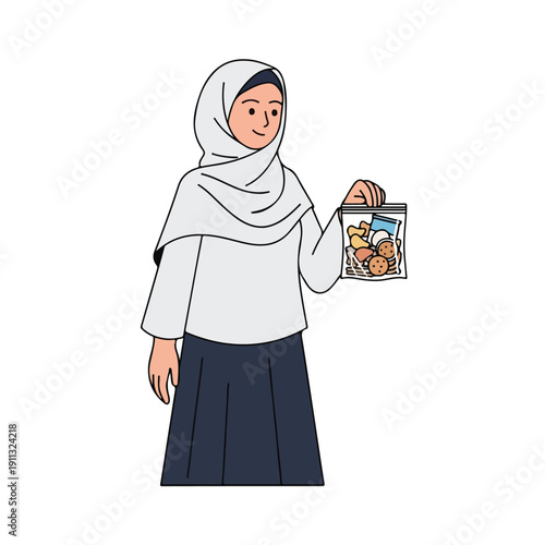 Woman in hijab holding a lunch box with food