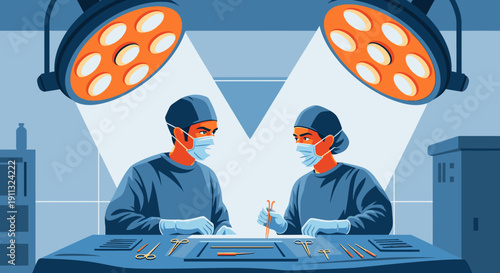 Two skilled surgeons, wearing masks and scrubs, meticulously prepare for a complex medical procedure under bright operating room lights in a hospital setting.