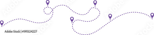 Curved dotted path with multiple purple location pins, abstract travel route design symbolizing navigation and progression