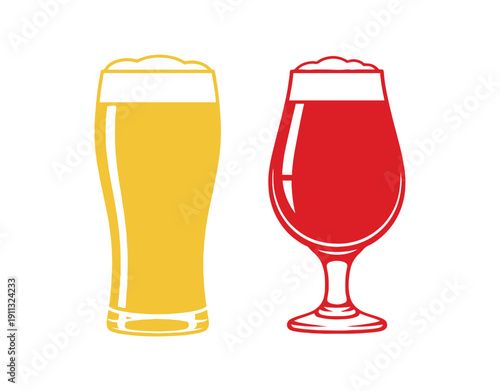 Set of stout beer icons, separated on a white background. Served in a tall pint glass and a tulip glass, in a stencil style. Vector clipart