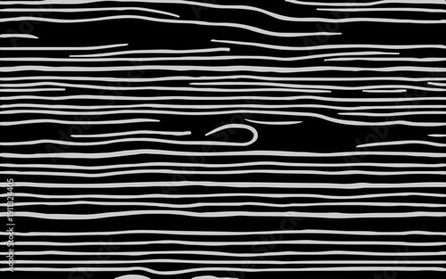 Seamless Black and White Wood Grain Texture Abstract Hand-Drawn Tree Bark Lines and Natural Wooden Surface Patterns Background for Wallpaper, Textile, Packaging, Graphic Design.