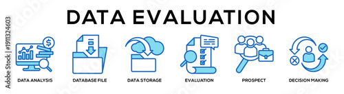 Data Evaluation web banner icon vector illustration concept for business with icon of Data Analysis, Database File, Data Storage, Evaluation, Prospect, Decision.
