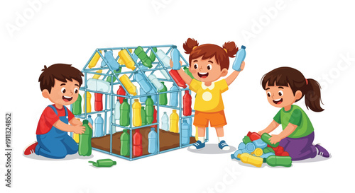 Three happy children actively engage in an eco-friendly project, creatively building a structure using colorful recycled plastic bottles.