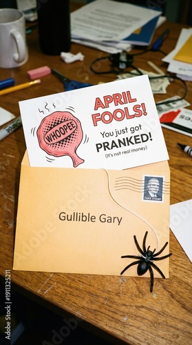 April Fools Day Prank Card with Whoopee Cushion, Fake Stamp, and Toy Spider on Gullible Gary’s Envelope, Messy Office Desk Background