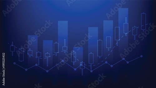 finance and business growth. stock market candlesticks chart with bar graph and indicator on blue background 
