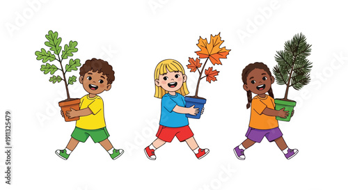 Three diverse and happy children, a boy and two girls, are depicted walking while carrying potted saplings of an oak, a maple, and a pine tree.