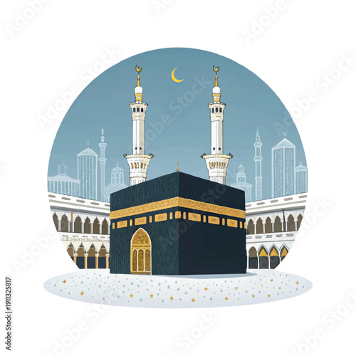 Islamic Kaaba building with minarets and crescent moon illustration mecca muslim