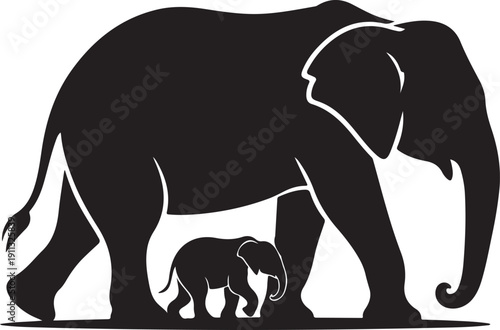 Elephant Family Silhouette – Elephant Mother and Calf Vector Black on White