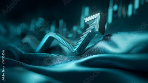 Abstract 3D metallic arrow pointing upwards on a dark blue textured fabric background