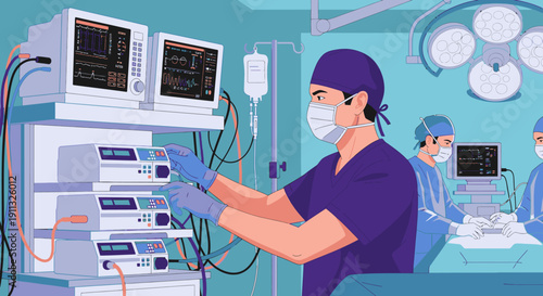A focused medical professional in scrubs and mask meticulously adjusts vital surgical equipment within a modern operating room, ensuring precision during a critical procedure.