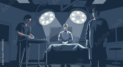 A dedicated medical team meticulously prepares for a critical surgical procedure within the sterile environment of a modern operating room, illuminated by intense overhead lights.