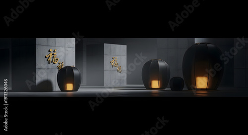 Serene conceptual art piece featuring minimalist black lanterns radiating warm light, beautifully juxtaposed with abstract golden symbols in a modern, dark architectural environment