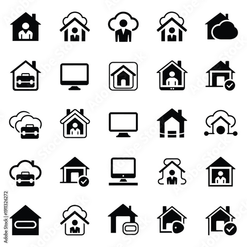 Work From Home Glyph Icons Set – Remote Job, Stay Home Work, Freelance and Home Office Vector.