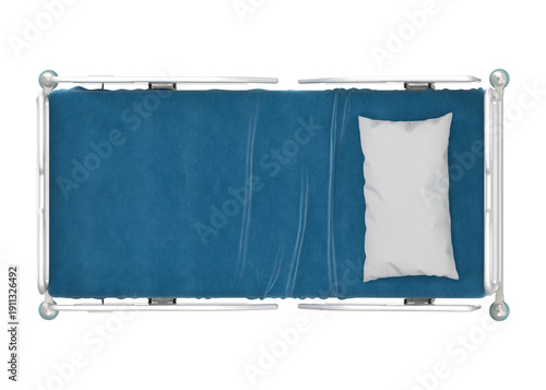 Top view of a clean hospital bed with blue sheets and a white pillow