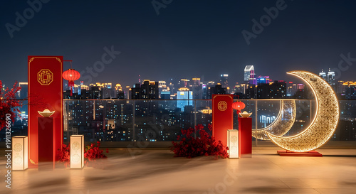 New Year's Eve celebration with festive decorations and city skyline at night