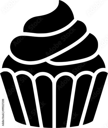 Cupcake with swirl frosting silhouette vector icon for bakery shop logo, dessert menu illustration, and sweet food packaging design