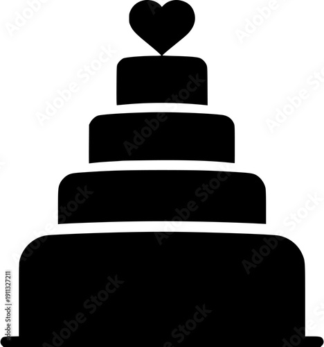 Elegant wedding cake with heart topper silhouette vector icon isolated on white background for bakery, celebration, and love theme design