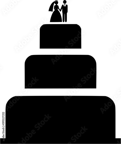 Wedding tier cake with couple topper silhouette vector icon for marriage ceremony decoration, bakery branding, and invitation design