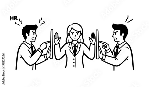 HR conflict resolution doodle line vector illustration with workplace negotiation