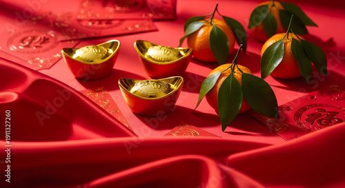 Golden ingots and tangerines on red silk, symbols of wealth and good fortune for the Lunar New Year celebrations