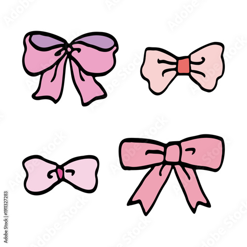 Hand drawn ribbon icon set vector　手書きのリボンイラストセット　ピンク