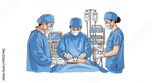 Three skilled surgeons, wearing sterile scrubs and masks, meticulously perform a critical operation on a patient in a well-equipped operating room.