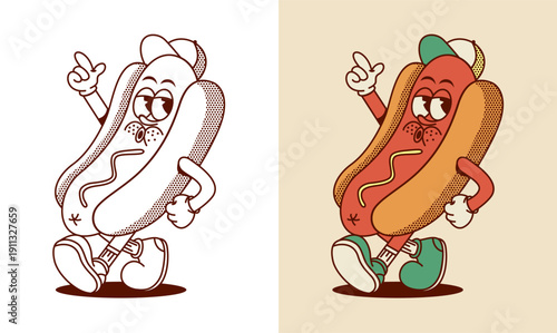 vintage hotdog cartoon mascot retro style, featuring halftone texture. Ideal for fast food branding, stickers, and retro-themed designs