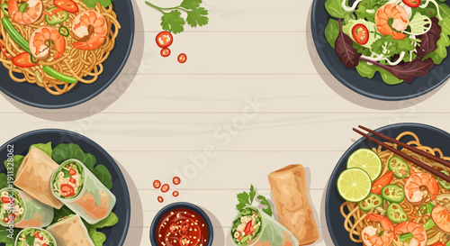 Top View Illustration of Authentic Asian Cuisine Dishes with Noodles, Spring Rolls, and Shrimp Salad on Wooden Background