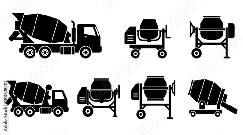 cement mixer , black vector icon set collection , white background , SVG and PNG