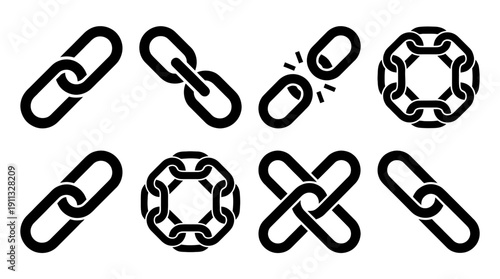 chain link , black vector icon set collection , white background , SVG and PNG