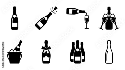 champagne bottle , black vector icon set collection , white background , SVG and PNG