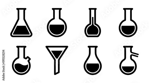 chemical flask , black vector icon set collection , white background , SVG and PNG