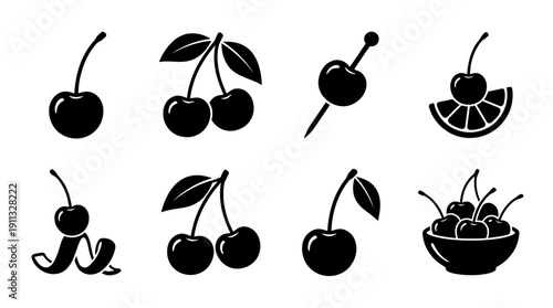 cherry garnish , black vector icon set collection , white background , SVG and PNG
