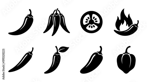 chili pepper , black vector icon set collection , white background , SVG and PNG