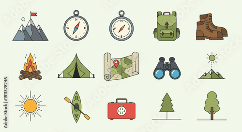 Flat design vector icons for outdoor adventure camping and nature activities.