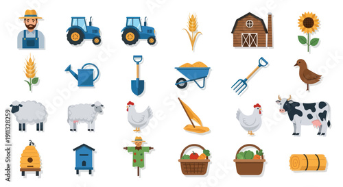 Flat Design Farm Icons Collection: Farmer Animals Tools and Crops Set.