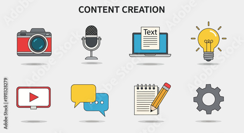 Collection of Icons Representing Content Creation Tools and Concepts.