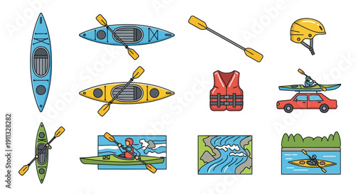 Collection of Kayaks Paddles Safety Gear and Water Activities.