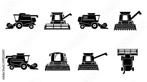 combine harvester , black vector icon set collection , white background , SVG and PNG