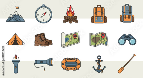 Camping and Hiking Icons: Adventure Gear and Outdoor Equipment Collection.