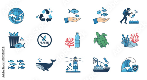 Flat Design Ocean Conservation and Marine Pollution Icons Set.