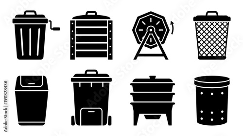 compost bin , black vector icon set collection , white background , SVG and PNG
