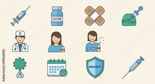 Colorful Vaccination Icons Representing Medical Procedures and Health.