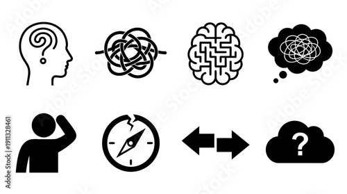 confused mind , black vector icon set collection , white background , SVG and PNG