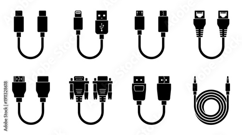 data cable , black vector icon set collection , white background , SVG and PNG