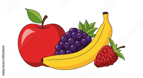Colorful Cartoon Illustration of Fresh Healthy Fruits.