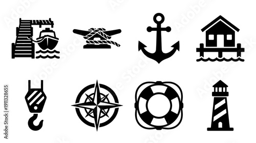 dock , black vector icon set collection , white background , SVG and PNG
