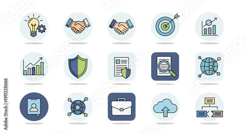 Colorful Business and Finance Vector Icons Set for Strategy and Growth.