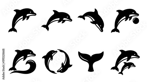 dolphin , black vector icon set collection , white background , SVG and PNG